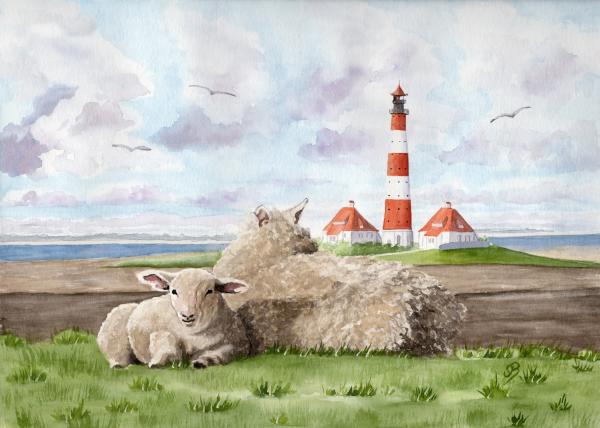 Postkarte DIN-A5  Aquarell Maritim Kunst Druck Kunstdruck Nordsee St. Peter Ording SPO Westerhever Leuchtturm  Meer Strand Schafe